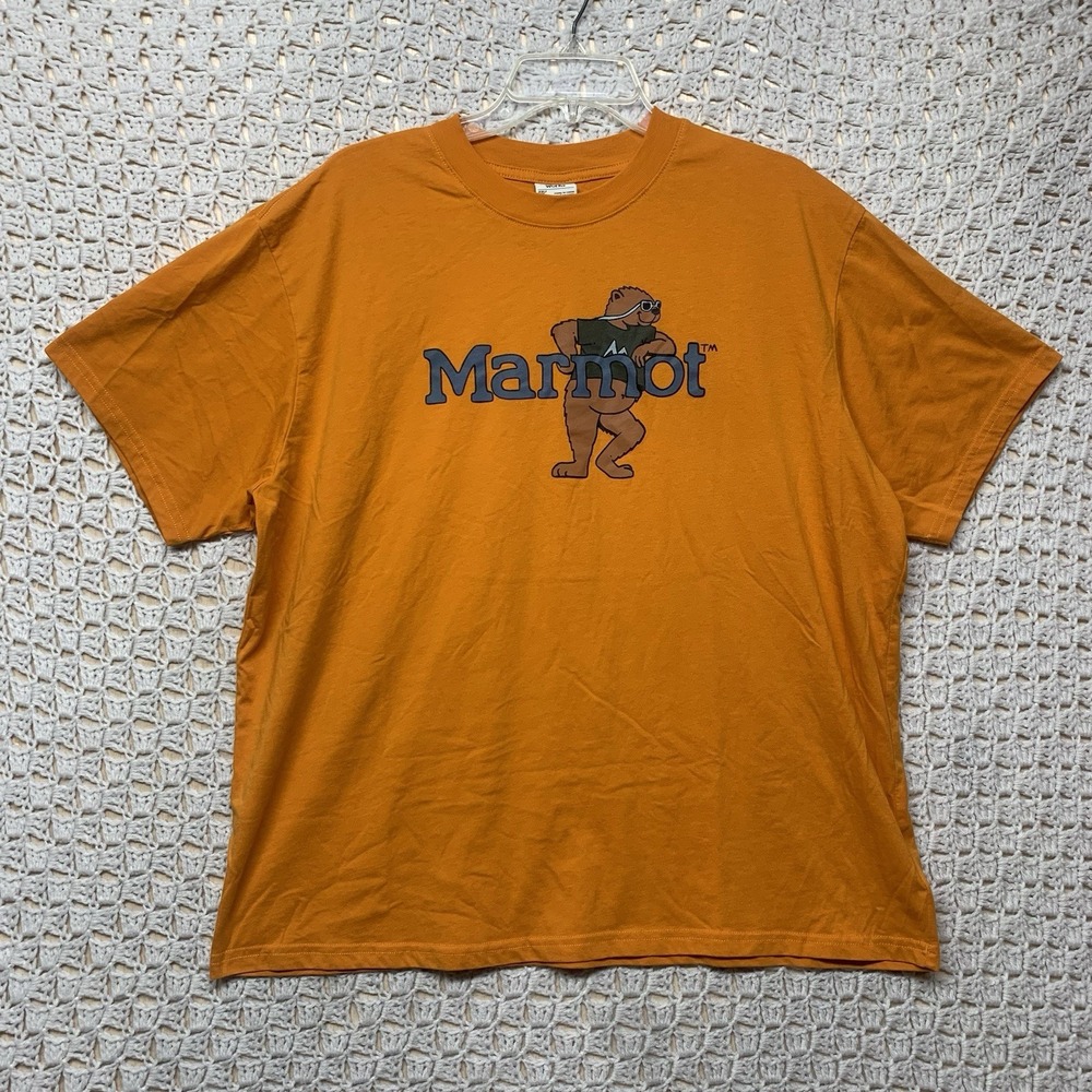 Marmot Mountain‎ T-Shirt Mens 2XL Works Leaning MARTY Orange Pepper Graphic Tee